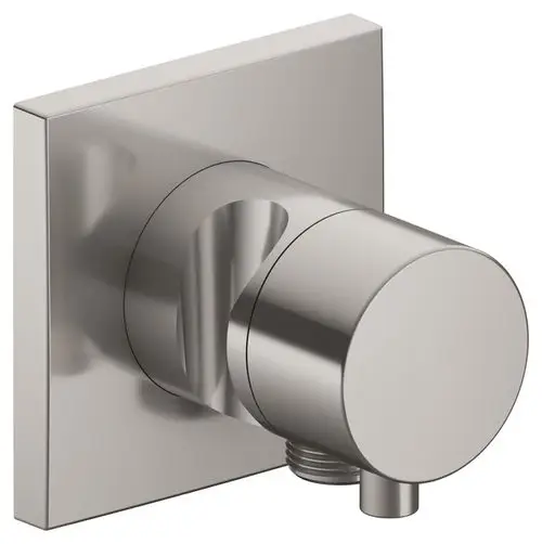 2-Wege-Wasseranschluss von Keuco in nickel gebürsteter Optik, runde Ausführung mit quadratischem Wandanschluss, geeignet für Schlauch- und Brauseanwendungen.